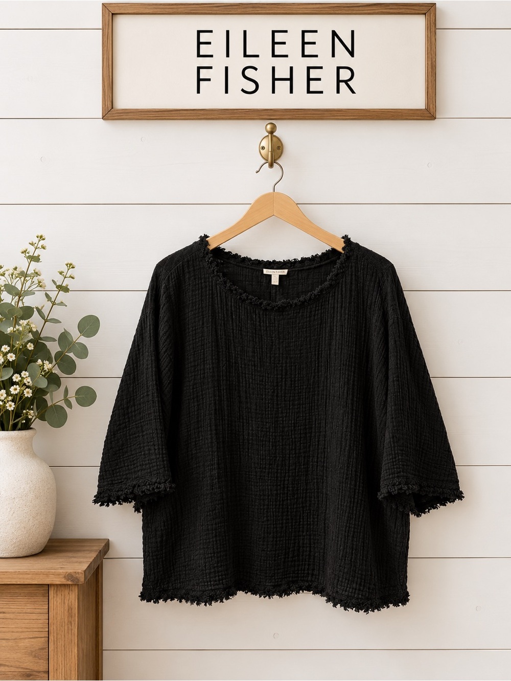 EILEEN FISHER black Organic Cotton Short Sleeve Sweatshirt XL